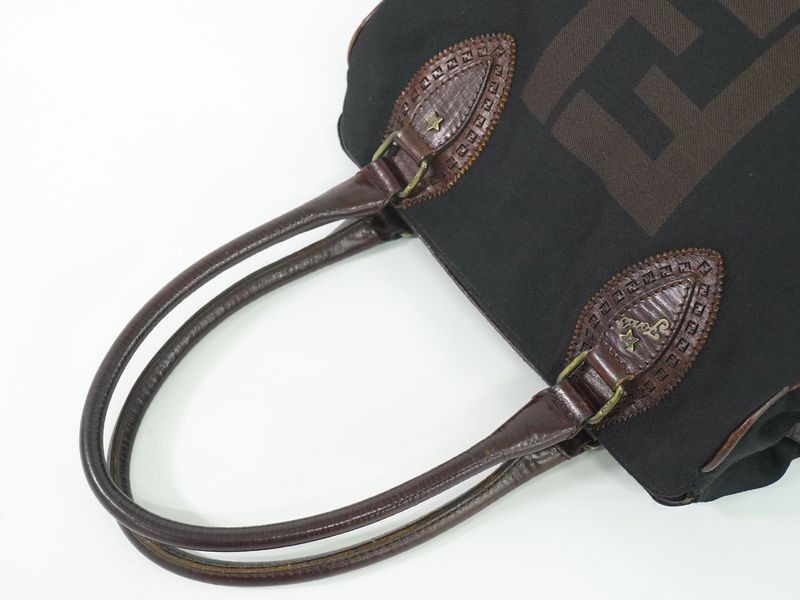 Authentic Fendi Etonico Tote Handbag Canvas Leather Black Brown 8bn162 Etonico