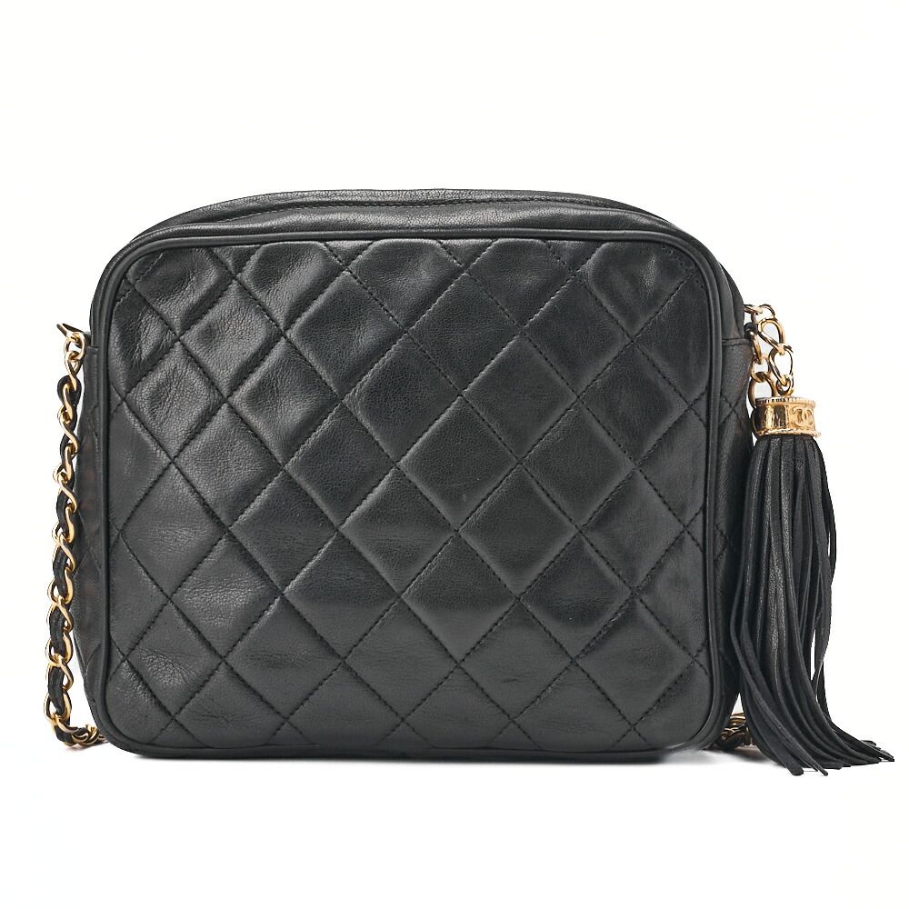 Chanel Matelasse Coco Mark Fringe Chain Shoulder Lambskin Black With Gold