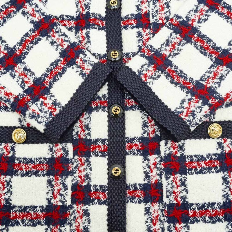 Gucci Tweed Jacket Size 40 White Navy Red 660820 Long Sleeve Women's