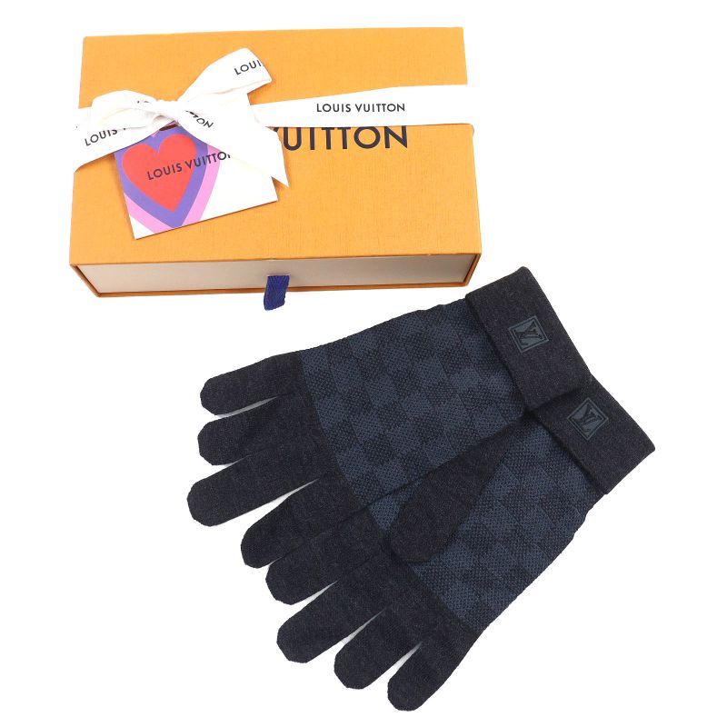 Louis Vuitton M70008 Damier Graphite Damier Gompti Wool Knit Gloves Grey Blue