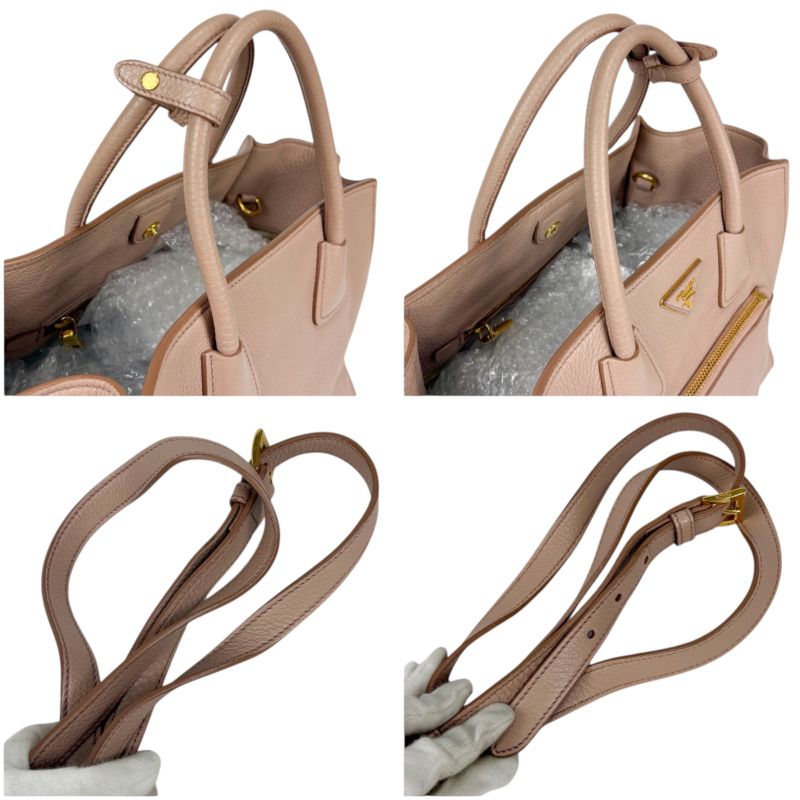 Prada 2WAY Tote Shoulder Bag Vittero Dino Leather Triangle Logo Pink Beige