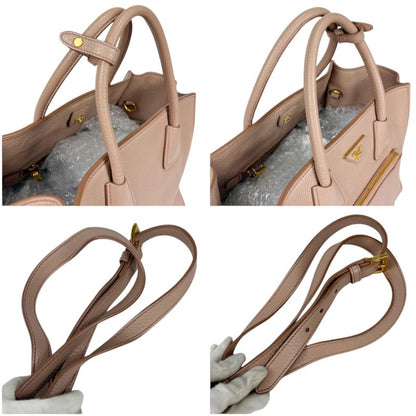 Prada 2WAY Tote Shoulder Bag Vittero Dino Leather Triangle Logo Pink Beige