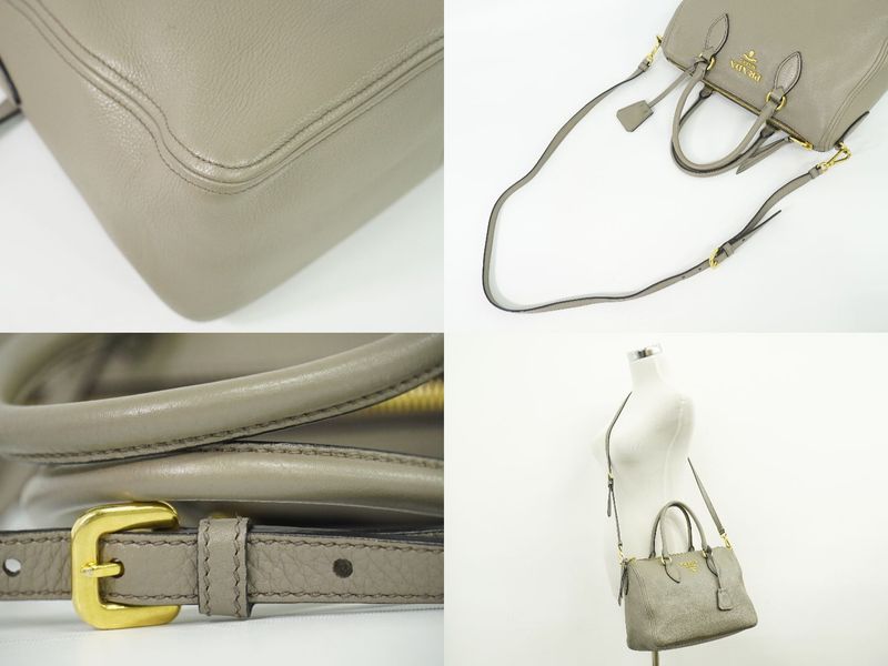 Authentic Prada Leather 2WAY Shoulder Bag Handbag Pochette Gray 1bb023 Bag