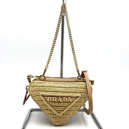 Prada Triangle Shoulder Bag Chain Bag Mini Bag 1nr015 Raffia Beige Women
