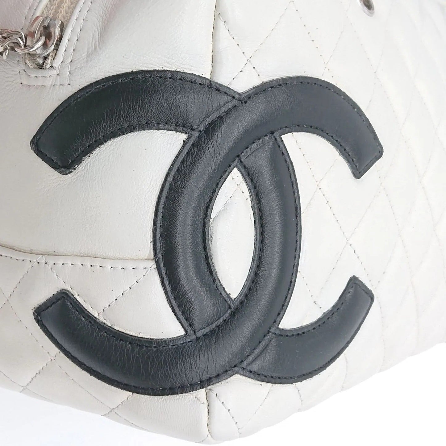 CHANEL Cambon Quilted Ligne Shoulder Bowling Bowler Bag Tote White