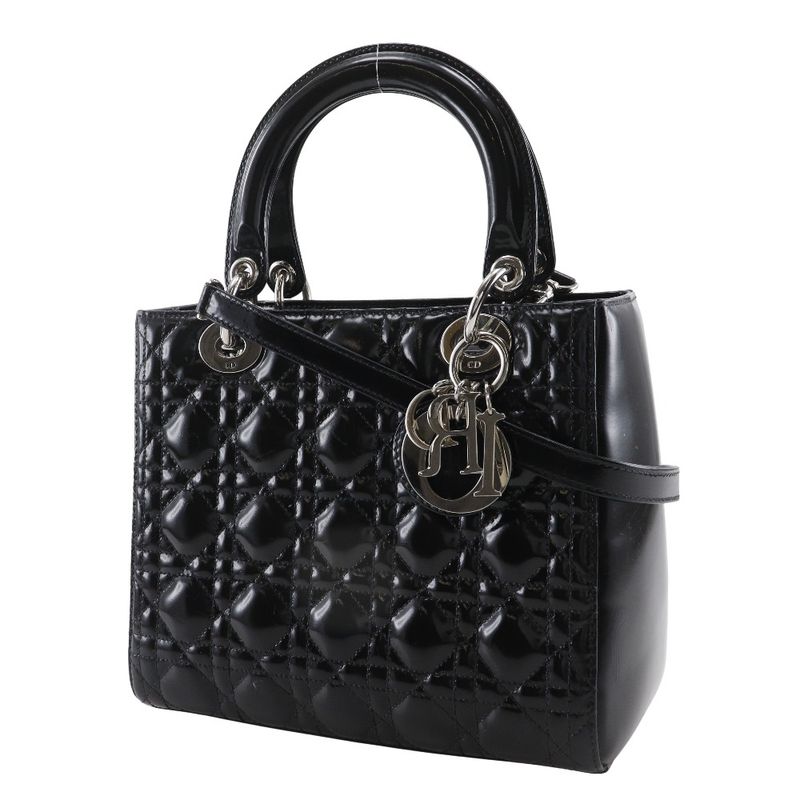 [dior] Christian Dior Lady Dior Medium Canage 2WAY Shoulder Enamel Black Ladies