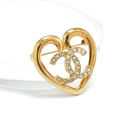 Chanel Brooch Corsage Gold Heart Here Mark Rhinestone