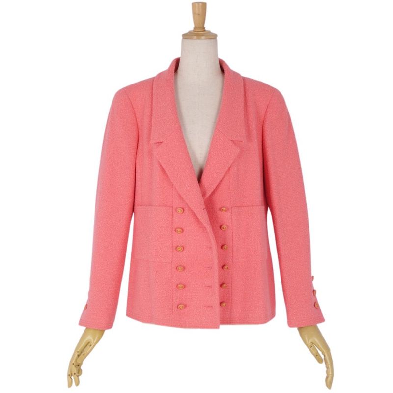 Vintage Chanel Jacket 96C Double Breasted Wool Tweed Coco Mark Button Outerwear