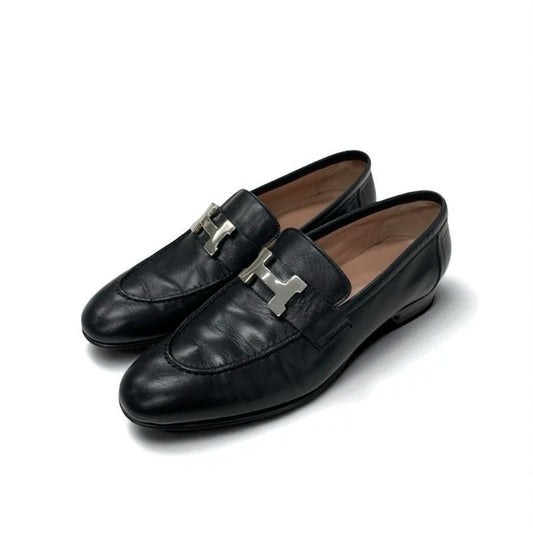 Hermes Paris Loafer Leather Shoes Leather Black Silver Hhardware Moccasin Flat