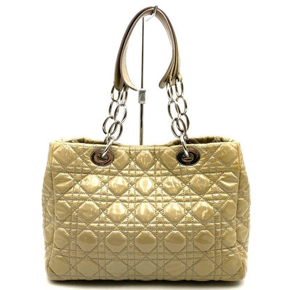 DIOR Tote Shoulder Bag Beige Patent Leather Canage Stitching Women Fashion