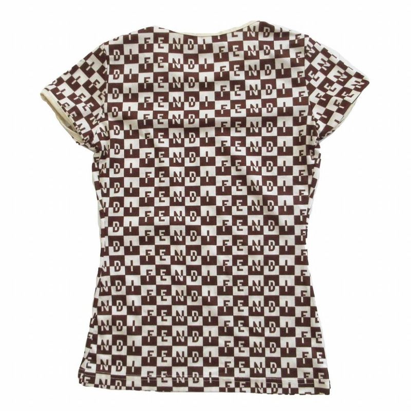 Fendi Logo Allover Checkered Stretch T-Shirt Short Sleeves Brown Size M Women's