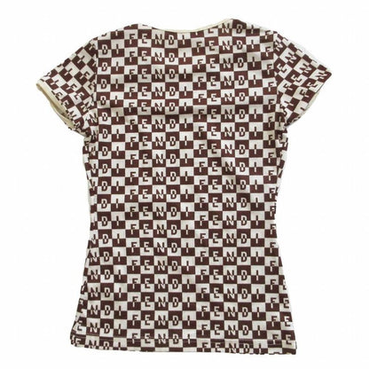 Fendi Logo Allover Checkered Stretch T-Shirt Short Sleeves Brown Size M Women's