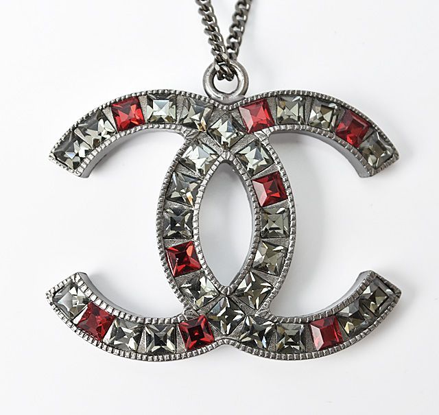Chanel Necklace Pendant Chanel Coco Mark CC Rhinestone Gunmetal Red