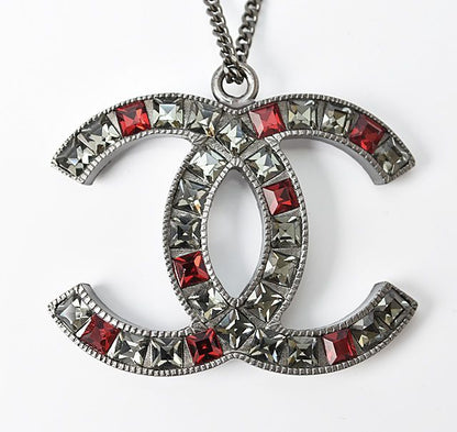 Chanel Necklace Pendant Chanel Coco Mark CC Rhinestone Gunmetal Red