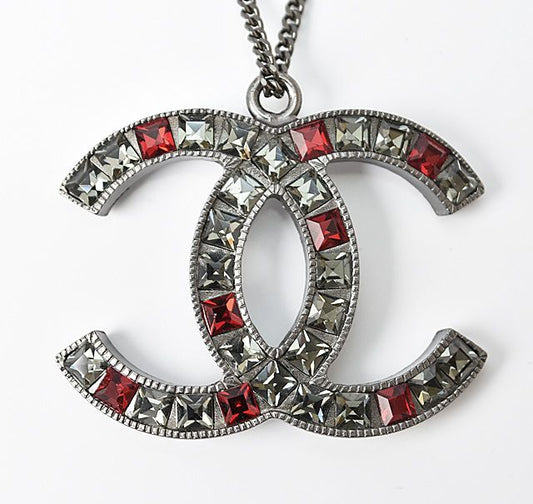 Chanel Necklace Pendant Chanel Coco Mark CC Rhinestone Gunmetal Red