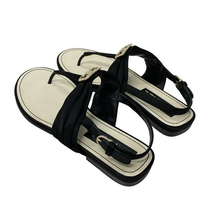 Chanel Sandals Shoes Satin Black Gold Here Mark Rhinestone Thong Flat