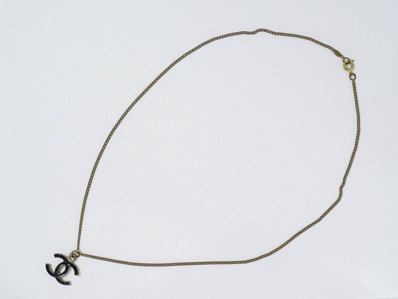 Authentic Chanel Coco Mark Necklace Pendant GP Gold Plated Black Accessories
