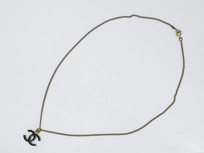 Authentic Chanel Coco Mark Necklace Pendant GP Gold Plated Black Accessories