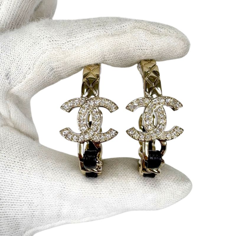 Chanel Hoop Earrings Rhinestone Materasse Coco Chain Leather Lambskin Black