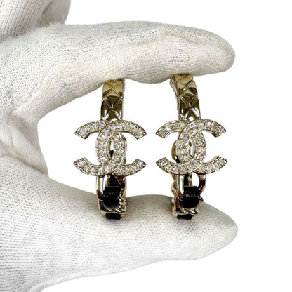 Chanel Hoop Earrings Rhinestone Materasse Coco Chain Leather Lambskin Black