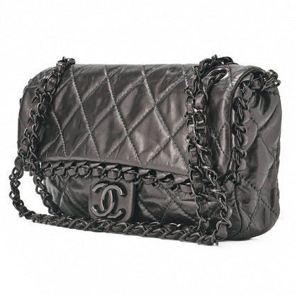 Chanel Matelasse Luxury Chain Shoulder Bag Vintage Calf Black With Black