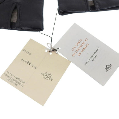 Hermes Lambskin Sheepskin 100% Cashmere Lining H Logo Design Gloves Black 7.5