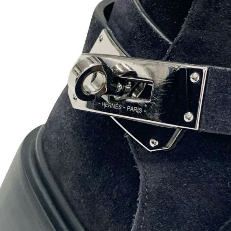 Hermes Veo Boots Short Boots Shoes Suede Mouton Black Silver Kelly Hardware