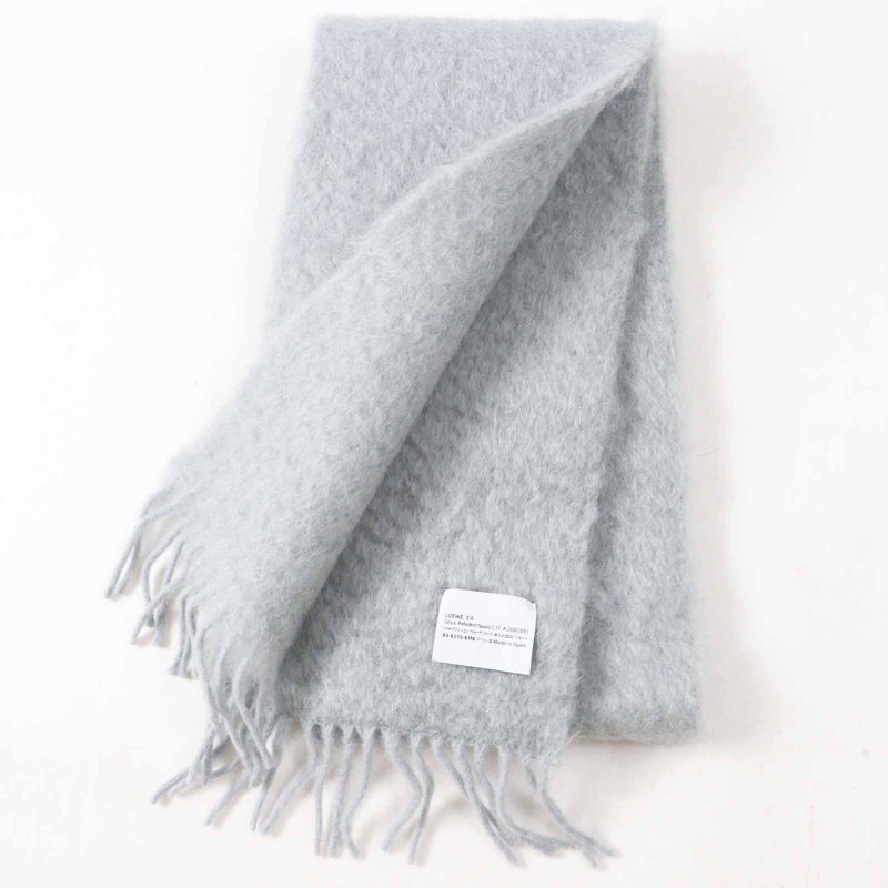 LOEWE Mohair Wool Anagram Leather Patch Fringed Scarf Light Gray Made In Spain