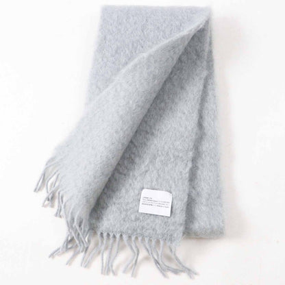 LOEWE Mohair Wool Anagram Leather Patch Fringed Scarf Light Gray Made In Spain