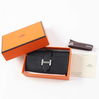 Hermes Bearn Silver Hardware Chèvre Key Case Black With W Engraved Box Made In
