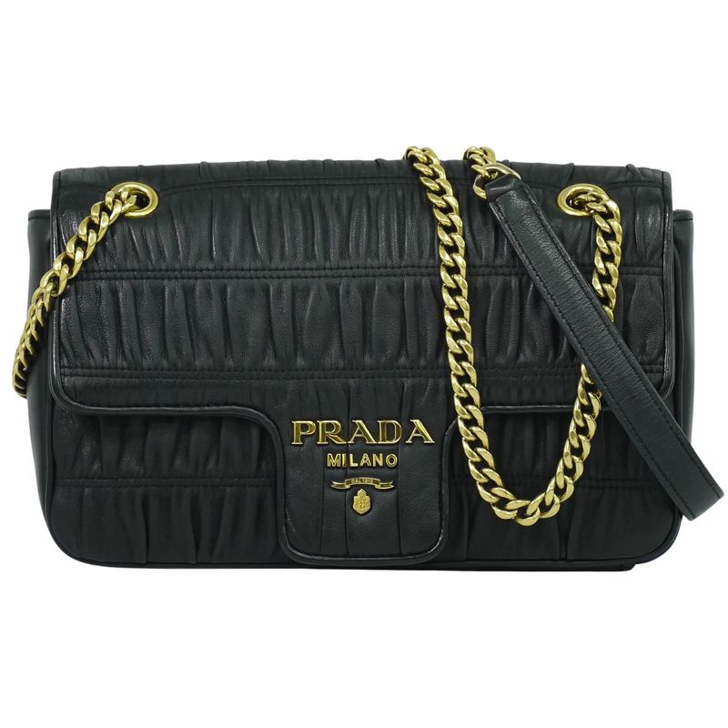 Authentic Prada Nappa Gaufre Chain Shoulder Bag Pochette Leather Black Nappa