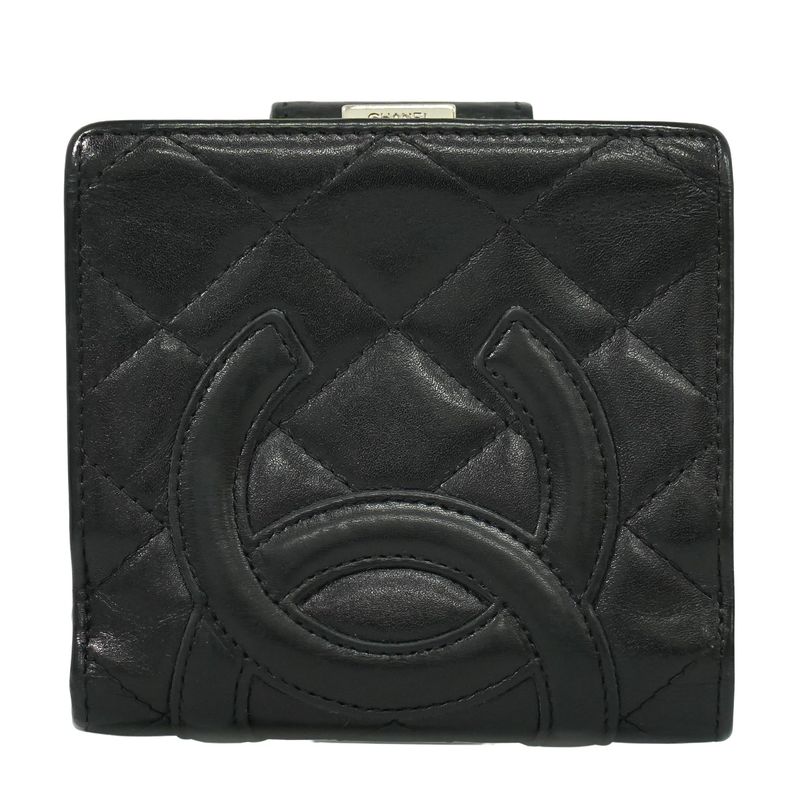 Authentic Chanel Coco Mark Cambon Line Fold Wallet Compact Wallet Leather Black