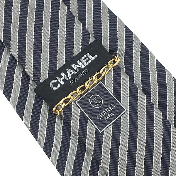 Chanel Necktie Striped 9.5cm (3.74in) Silk Gray and Navy Coco Mark