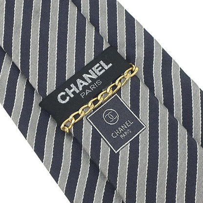 Chanel Necktie Striped 9.5cm (3.74in) Silk Gray and Navy Coco Mark