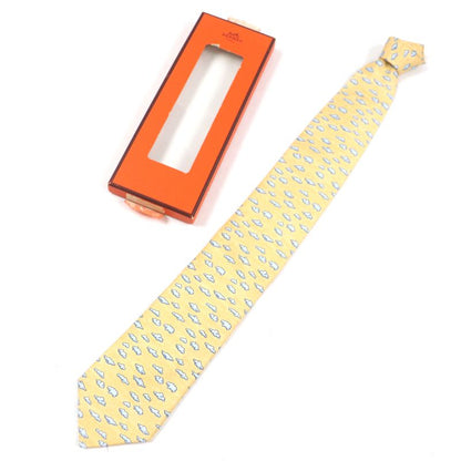 Hermes 100% Silk Clouds Animal All Over Pattern Necktie Orange Blue Made In