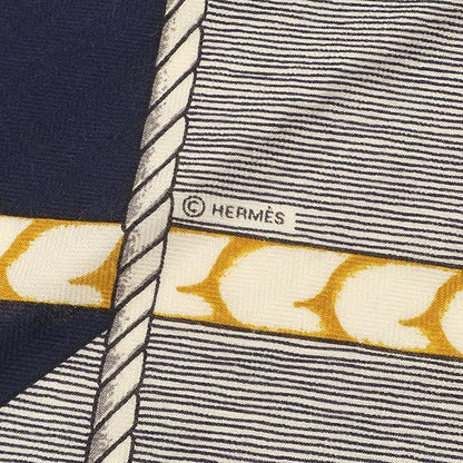 Hermes Shawl Carre 140 Carre Cashmere Silk Marine White and Gold [parcours Sans
