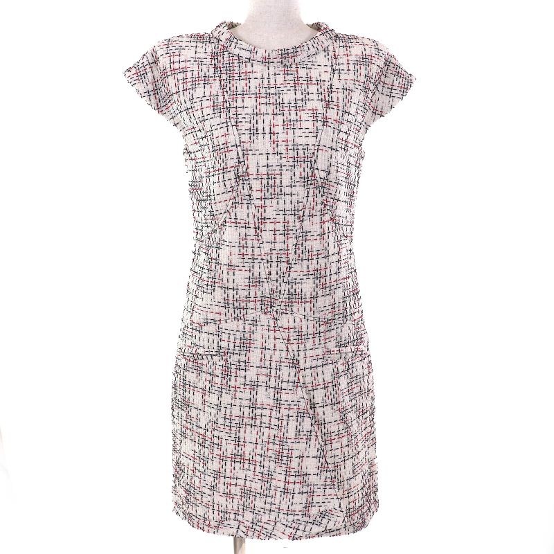 CHANEL P50967 Cotton Coco Mark Button French Sleeve Tweed Dress Ivory Black Red