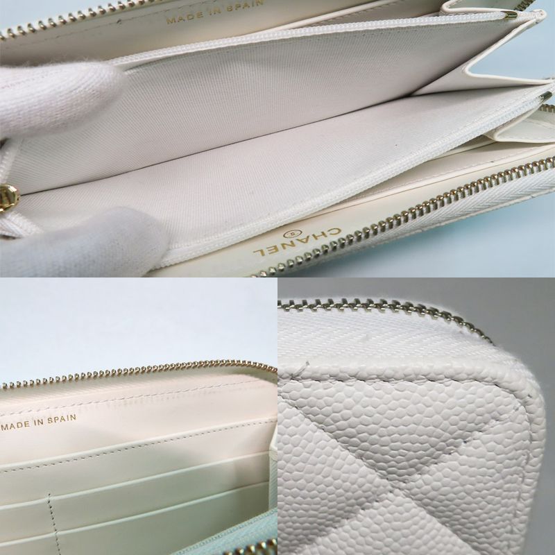 Chanel Long Zip Wallet Ap3337 Matelasse Caviar Skin White Gdhardware