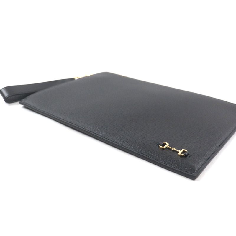 Gucci 700524 Leather Clutch Bag With Horsebit Strap Black Gold Hardware