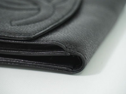 Authentic Chanel Coco Mark Fold Wallet Compact Wallet Caviar Skin Leather Black