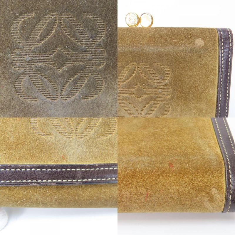 Loewe Trifold Wallet Suede Leather Khaki Brown Gold Hardware Anagram Clasp