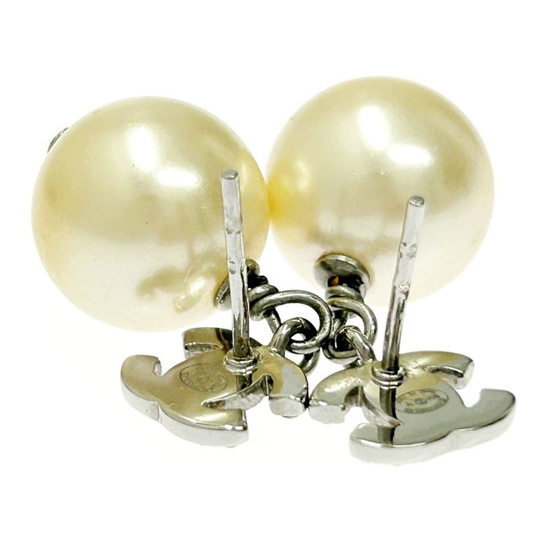 Chanel Metal Rhinestone Faux Pearl B14v Coco Mark Swing Earrings Silver 351237