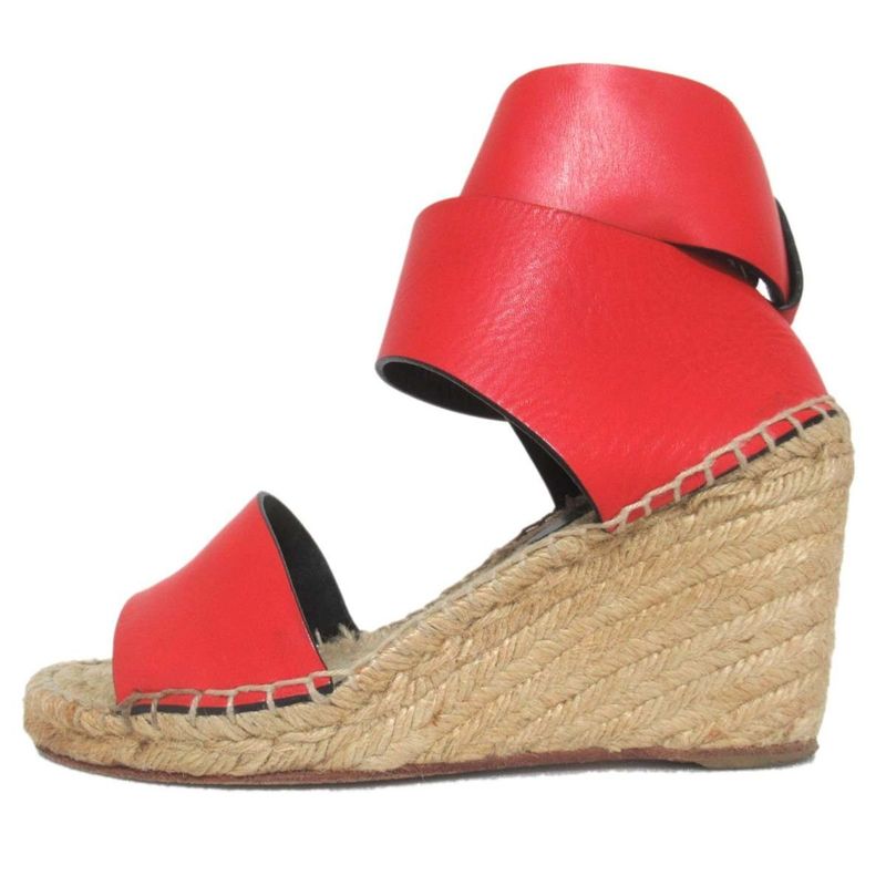 Good Celine Leather X Jute Ankle Strap Wedge Sole Espadrille Sandals Size 36