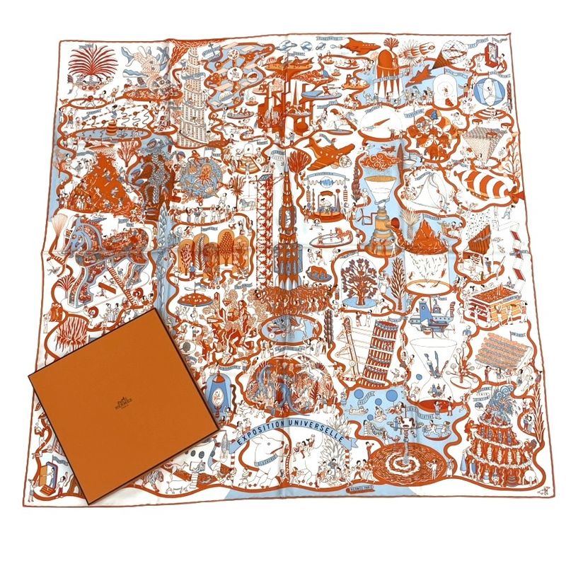 Hermes Scarf Carre 90 Exposition Universelle Silk With Orange Box
