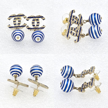 Chanel Coco Mark Earrings Binaural Ball Drop Border Blue/silver Color Gold