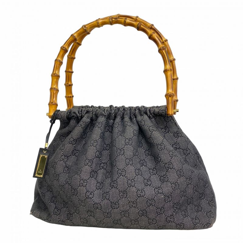 Gucci Handbag Bamboo 92708 Denim Black Gold Hardware Women