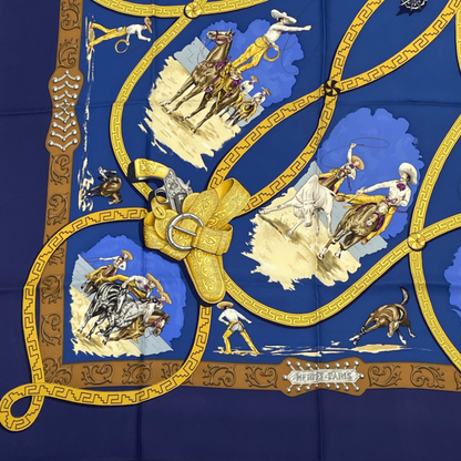 Hermes Carre 90 Scarf Charreada Horse Blue Silk