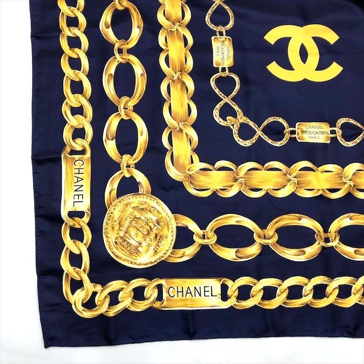 Chanel Chain Logo Scarf Large Silk 100% Navy