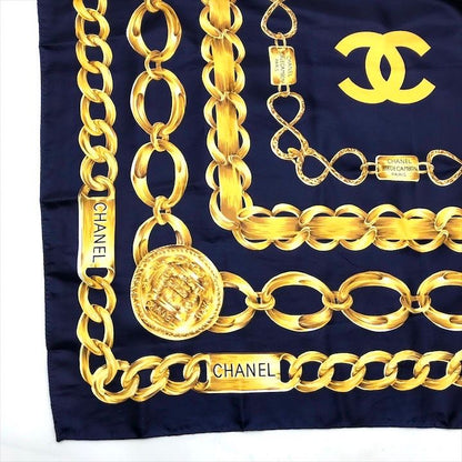 Chanel Chain Logo Scarf Large Silk 100% Navy