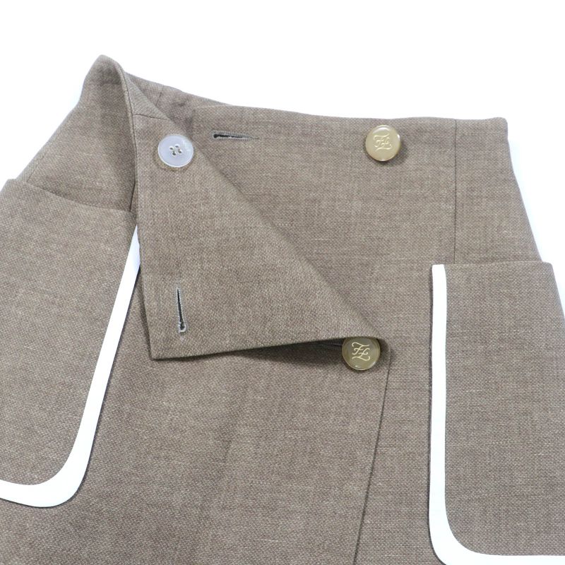 Fendi Fq7097 Wool Silk Leather Use FF Calligraphy Button Trapezoid Skirt Mini
